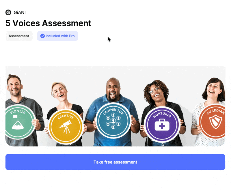 The GiANT sign-in screen, with the free assessment button below the form.